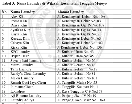 Tabel 3:  Nama Laundry di Wilayah Kecamatan Tenggilis Mejoyo 