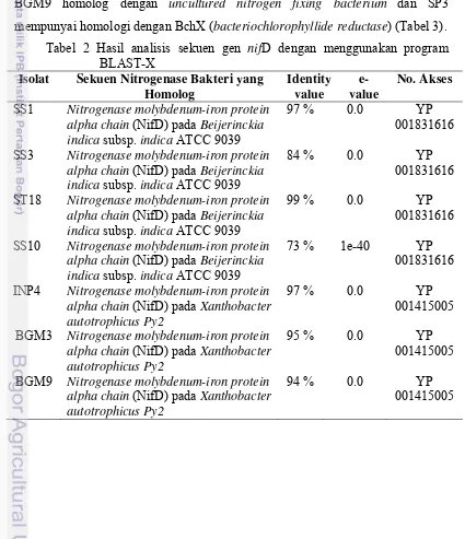 Tabel 2 Hasil analisis sekuen gen nifD dengan menggunakan program 