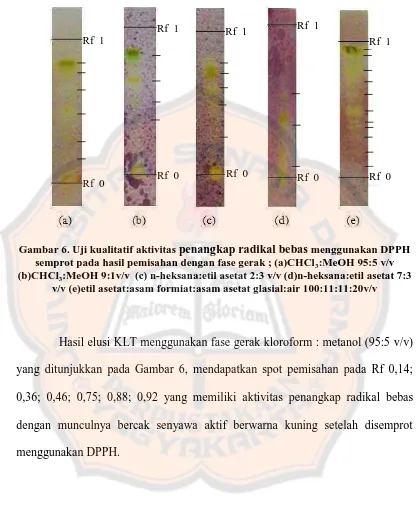Gambar 6. Uji kualitatif aktivitas penangkap radikal bebas menggunakan DPPH semprot pada hasil pemisahan dengan fase gerak ; (a)CHCl:MeOH 95:5 v/v 