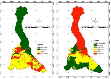 Gambar 3. Sebaran daerah pasokan banjir (kiri) dan rentan kebanjiran(kanan) di DAS Cisadane