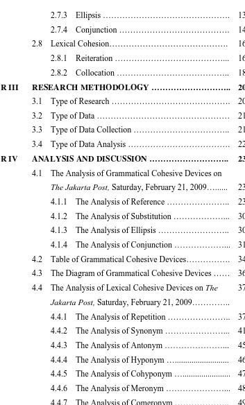 Table of Grammatical Cohesive Devices……………. 