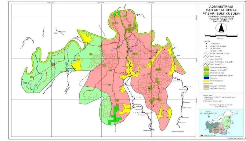 Gambar 2 Peta administrasi dan areal kerja PT. Sari Bumi Kusuma Kalimantan 