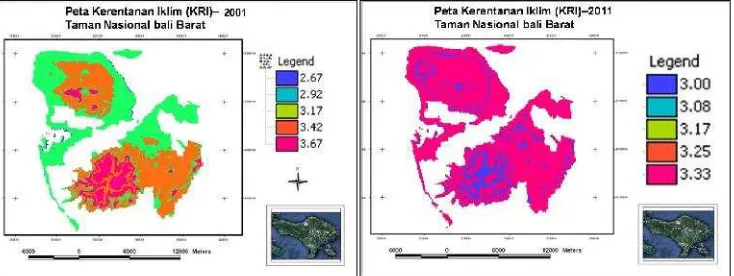 Gambar 12. (a) Peta Kerentanan Iklim 2001, (b) Peta Kerentanan Iklim 2011 diTNBB
