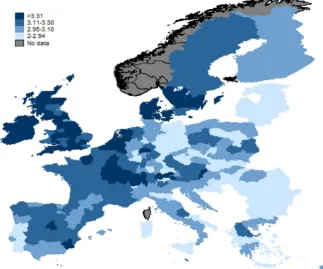 Fig. 1 Spatial distribution of happiness across regions in Europe