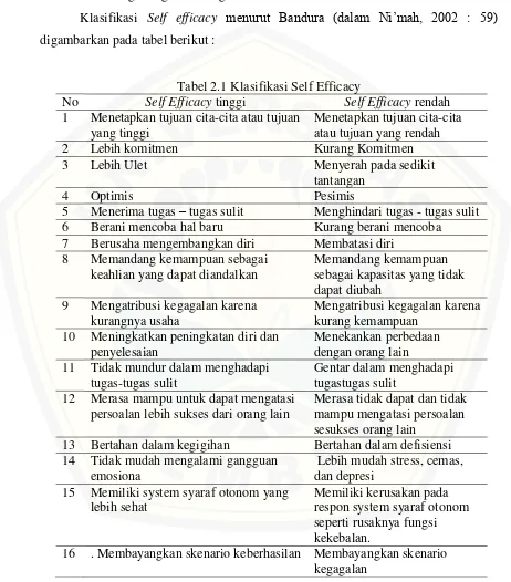 Tabel 2.1 Klasifikasi Self Efficacy 