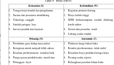 Tabel 9.  Profil SWOT 