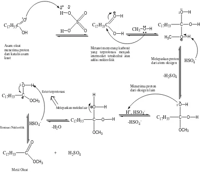 Gambar 4.8 Mekanisme reaksi pembentukan metil oleat (Scudder, 1992; Riswiyanto, 2009).