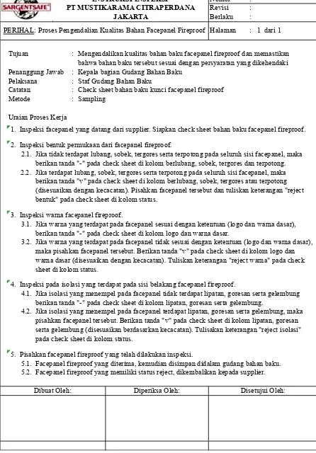 Gambar 4. Instruksi kerja bahan baku facepanel fireproof  