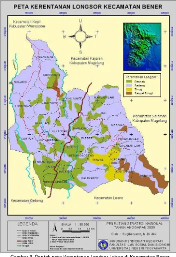 Gambar 3. Contoh peta Kerentanan Longsor Lahan di Kecamatan BenerKab. Purworejo. (sumber: peta hasil penelitian stranas 2009,a.n
