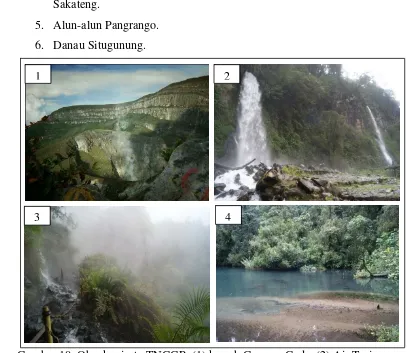 Gambar 10. Obyek wisata TNGGP: (1) kawah Gunung Gede, (2) Air Terjun Cibeureum, (3) Air Panas, (4) Telaga Biru