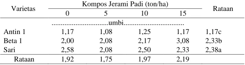 Tabel 3. Rataan jumlah umbi beberapa varietas ubi jalar terhadap pemberian kompos jerami padi Kompos Jerami Padi (ton/ha) 
