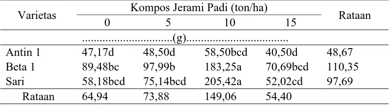 Tabel 7. Bobot umbi beberapa varietas ubi jalar terhadap pemberian kompos jerami padi Kompos Jerami Padi (ton/ha) 