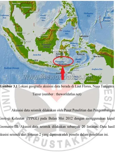 Gambar 3.1 Lokasi geografis akuisisi data berada di Laut Flores, Nusa Tenggara 