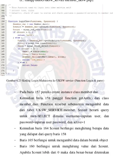 Gambar 4.23 Koding Login Mahasiswa ke UKSW service (Function Login & parse) 