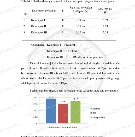Tabel 4.1 Hasil perhitungan rerata ketebalan sel epitel  gingiva tikus wistar jantan.  