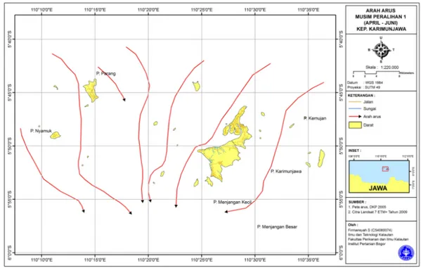 Gambar 10. Arah arus pada musim Pancaroba 1 (April – Juni) Kepulauan  Karimunjawa    