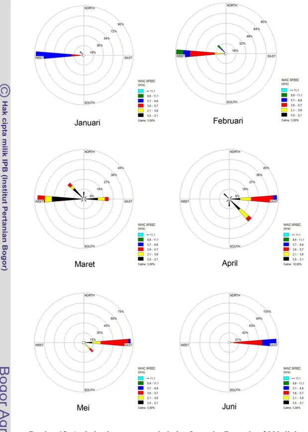 Gambar 13. Arah dan kecepatan angin bulan Januari – Desember 2009 di daerah  penelitian 