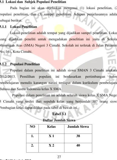 Tabel 3.1 Daftar Jumlah Siswa  