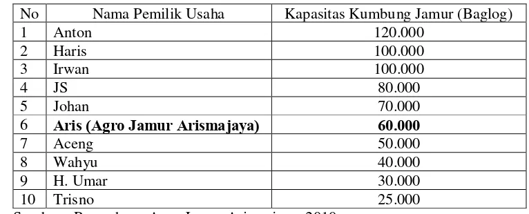 Tabel 5. Skala Usaha Jamur Tiram di lingkungan Perusahaan Agro Jamur Arismajaya pada Tahun 2009-2010 