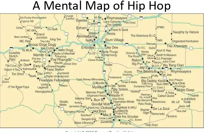 Fig. 4-3: This mental map places major hip hop performers near other similar performers and in the portion of the country where they performed.
