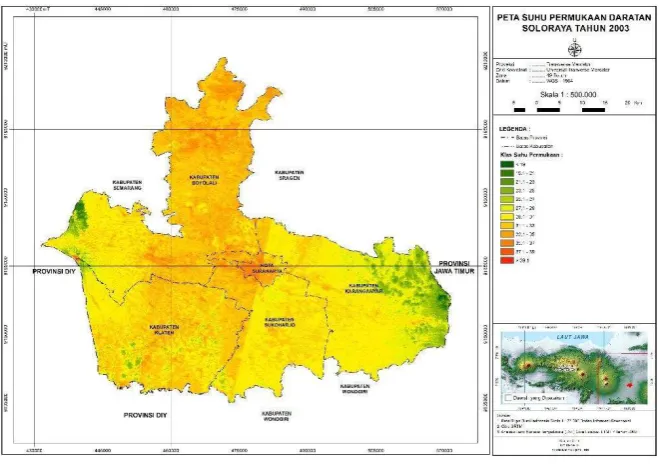 Gambar.4. Peta Suhu Permukaan Daratan Kota Surakarta Tahun 2003 Sumber : analisis LST, 2013 