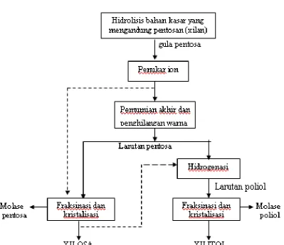 Gambar 6. Alur produksi xilosa dan xilitol (Hyvonen, et al ; 1982 : 379).