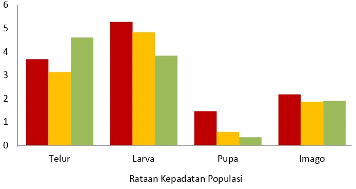 Gambar 7.   Histogram  rataan kepadatan populasi hama PBKo di Kabupaten  Simalungun  