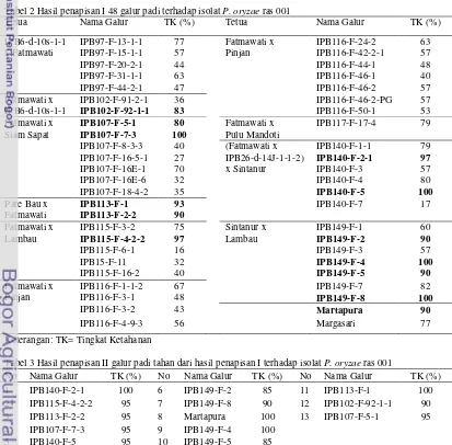 Tabel 2 Hasil penapisan I 48 galur padi terhadap isolat P. oryzae ras 001 