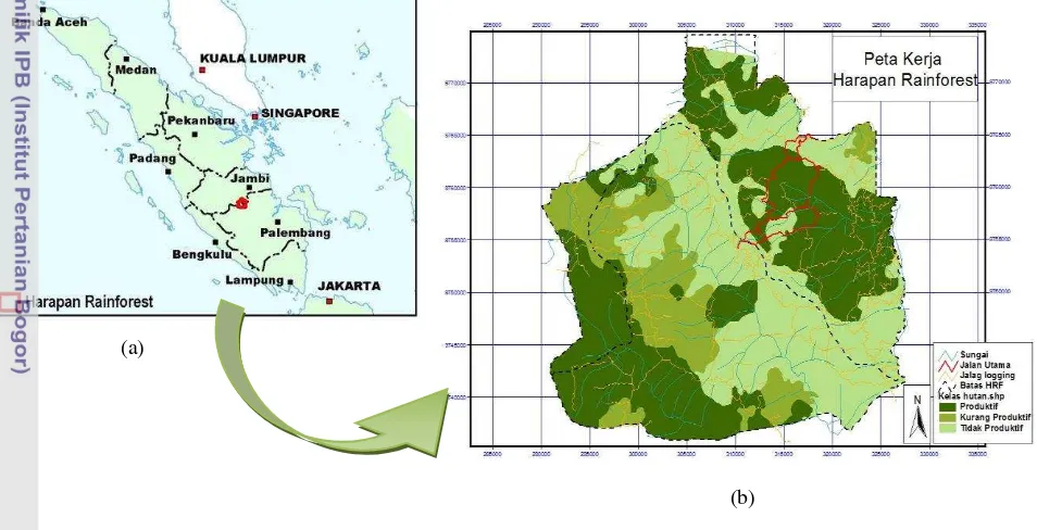 Gambar 2  Harapan Rainforest a) Peta Lokasi dan b) Peta Kerja. 