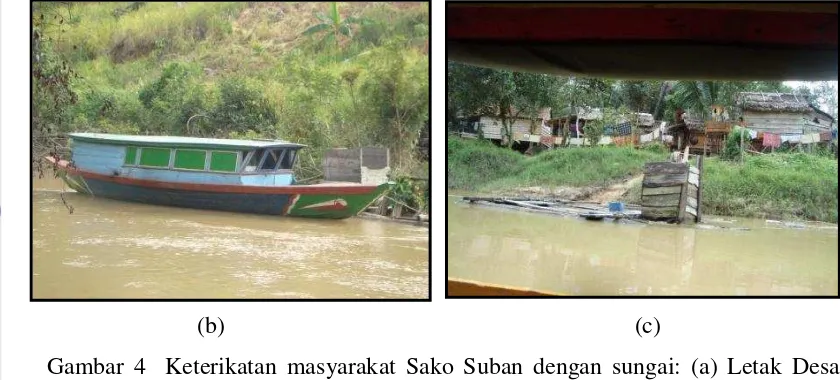 Gambar 4  Keterikatan masyarakat Sako Suban dengan sungai: (a) Letak Desa Sako Suban di sepanjang Sungai Kapas, (b) Sungai sebagai media transportasi dan (c) Sungai untuk aktivitas rutin sehari-hari (seperti mandi, mencuci, dll)