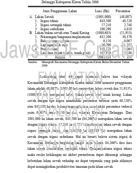Tabel 4.6 Luas wilayah menurut jenis penggunaan lahan di Kecamatan Delanggu Kabupaten Klaten Tahun 2006 