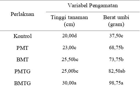 Tabel 3. Hasil uji lanjut formulasi bakteri pada variabel tinggi tanaman (cm) dan berat umbi (gram)