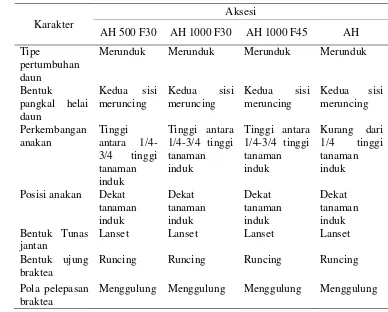 Tabel 1. Keragaan Karakter Morfologi Daun, Anakan, Tunas Jantan, danBraktea Tiga Aksesi Pisang Ambon Hijau Tahan Fusarium danKontrol (AH)