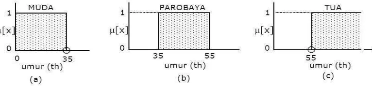 Gambar 2.1 Himpunan: MUDA, PAROBAYA, dan TUA (Kusumadewi, Sri. 2003)  