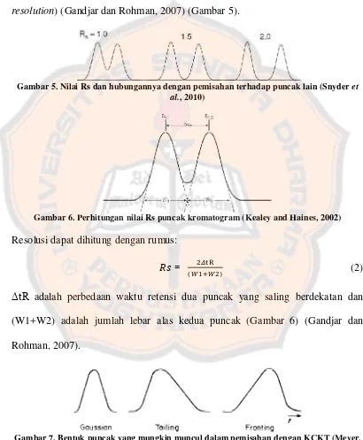 Gambar 7. Bentuk puncak yang mungkin muncul dalam pemisahan dengan KCKT (Meyer,  2004) 