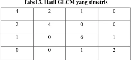 Tabel 3. Hasil GLCM yang simetris 