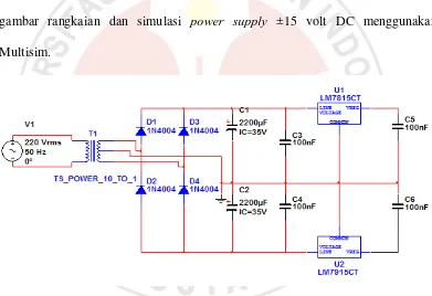gambar rangkaian dan simulasi power supply ±15 volt DC menggunakan 