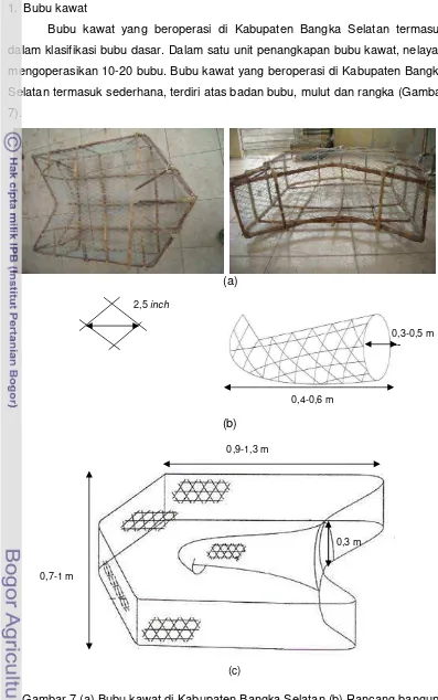 Gambar 7 (a) Bubu kawat di Kabupaten Bangka Selatan (b) Rancang bangun mulut bubu (c) Rancang bangun alat tangkap bubu kawat 