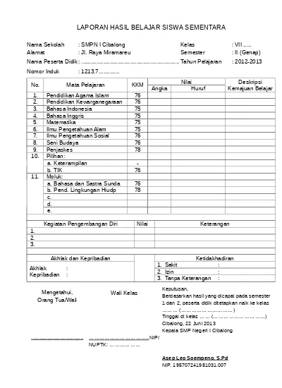 Format RAPORT SEMENTARA