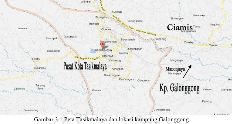 Gambar 3.1 Peta Tasikmalaya dan lokasi kampung Galonggong (Sumber: http. Maps.google.co.id, 6 Oktober 2012) 