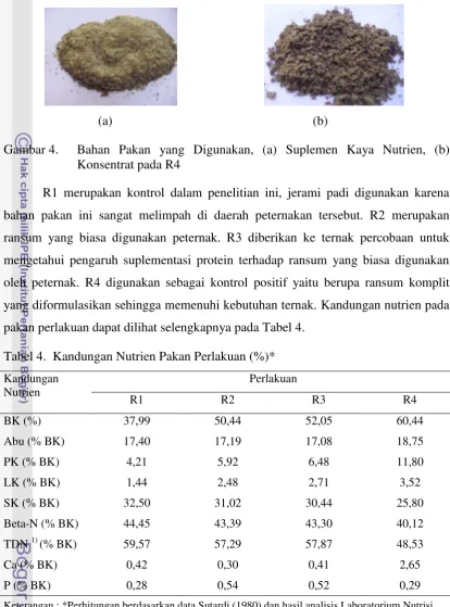 Gambar 4.   Bahan Pakan yang Digunakan, (a) Suplemen Kaya Nutrien, (b) 
