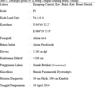 Tabel 1. Deskripsi profil P1 (Lereng Tengah Gunung Burni Telong) 