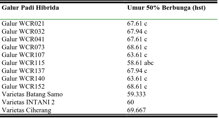 Tabel .2  Hasil Uji LSD 5%  Terhadap Umur 50 % Berbunga Pada Beberapa Galur Padi Hibrida (Oryza sativa L)  