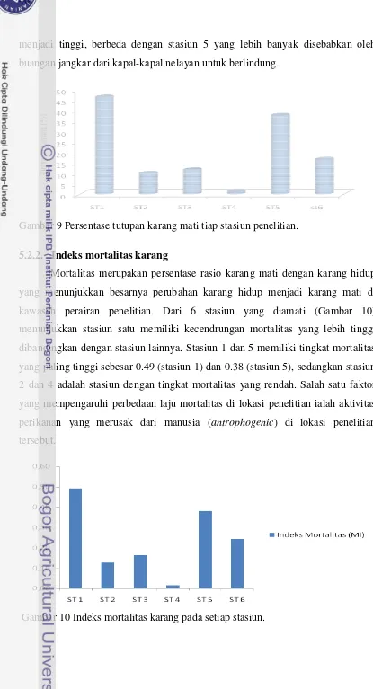 Gambar 9 Persentase tutupan karang mati tiap stasiun penelitian.