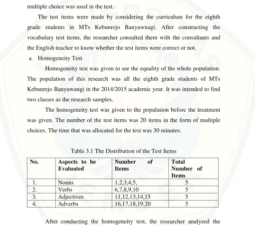 Table 3.1 The Distribution of the Test Items 
