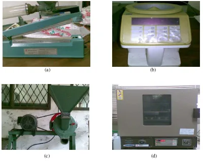 Gambar 10. Sealer (a), grain moisture tester (b), mesin grinding (c) dan oven (d) 