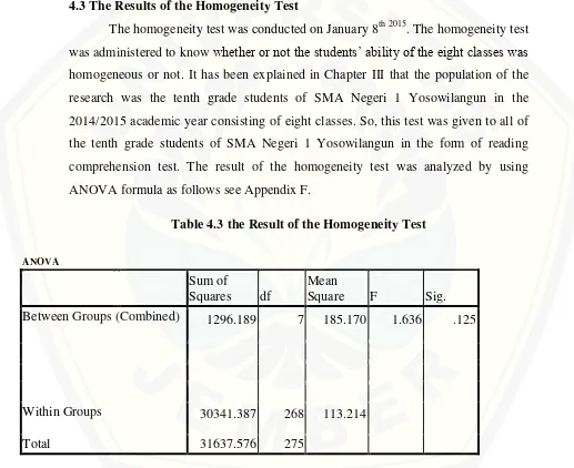 Table 4.3 the Result of the Homogeneity Test 