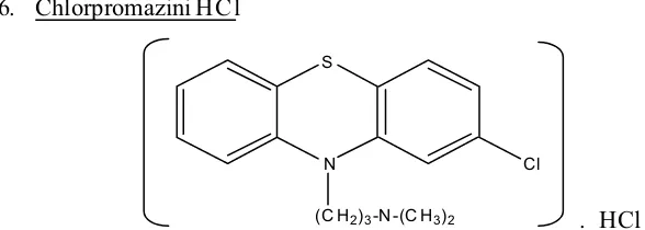Gambar 3. Struktur kimia Chlorpromazini HCl (2-klor-N-(dimetil- aminopropil)-Fenotiazin  Hidrochloridum (Anonim, 1979)