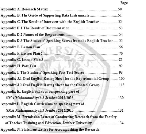 TABLE OF APPENDICES