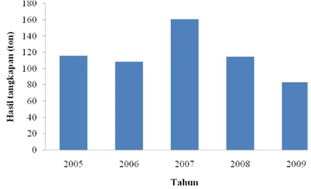 Gambar 6. Grafik Hasil tangkapan (ton) Perikanan Kurisi di Teluk Banten     Tahun 2005-2009 (Ditjen-Tangkap DKP 2010) 